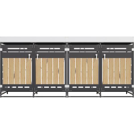 Armoire de rangement de jardin en fer noir avec 4 compartiments, jardinière intégrée et panneaux en bois à rainures verticales (1/5)