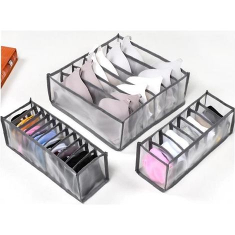 Tiroir De Rangement Sous-Vêtements - Nylon Gris - 32x12x12 cm Et 32x32x12 cm - Pour Lingerie Chaussettes Cravates - Lot De 3 Pièces (1/4)