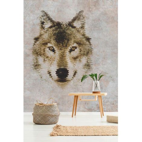 Papier peint panoramique an animaux original gris Tapisserie panoramique moderne salon Papier peint panoramique effet béton avec tête de loup (1/3)
