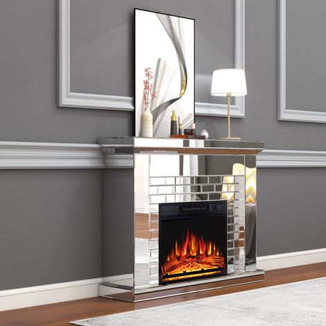 112cm W Electric Fireplace with Silver Mirrored Mantel (1/5)