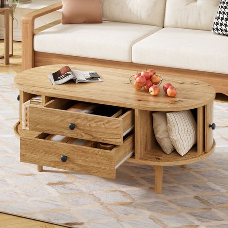 Couchtisch 100x50x40 cm eichenfarben aus MDF mit Schiebetüren, 2 Schubladen und Kiefernholzbeinen (1/5)