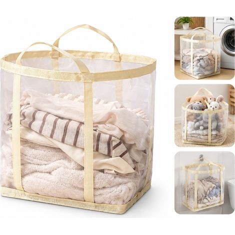Panier a Linge Pliable Nylon Grande Capacite Beige avec Couvercle 40 x 26 x 40 cm (1/5)