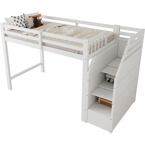 CAIziLit mezzanine 90x200 cm blanc EN747, rangement, marches, sans matelas (1/5)