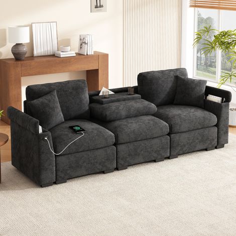 DESVIAE Canapé Trois Places en Chenille avec Tablette Rabattable Port USB Porte Gobelet Rangement Accoudoirs et Deux Coussins Gris (1/5)