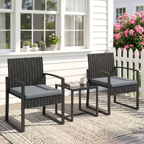 Ensemble de Meubles de Jardin en Rotin Synthétique avec 2 Chaises avec Coussins Amovibles et Table avec Plateau en Verre Gris (1/5)