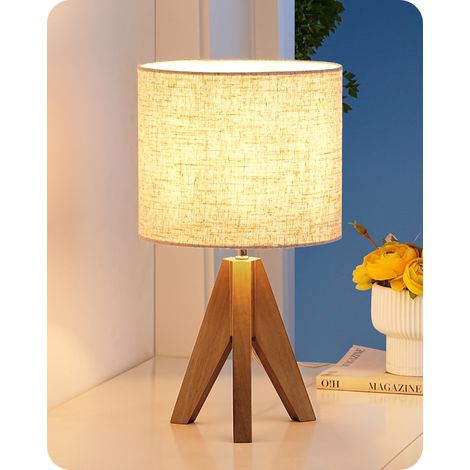 EDISHINE Nachttischlampe Tischlampe Holz, Stativ Vintage Landhaus, Leine Lampenschirm Beige, Walnuss hell für modern Deko Schlafzimmer, Wohnzimmer, Nachttisch, Geschenk