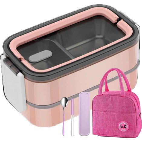 boîte à lunch isotherme,304Boîte à lunch portable rose en acier inoxydable à 3 compartiments + cuillère, baguettes + sac à lunch (1/5)