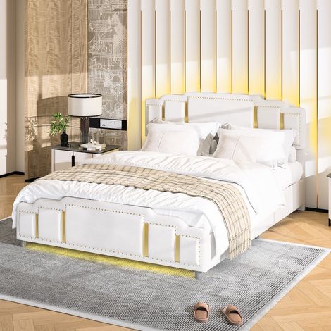 Lit coffre adulte 140x200 cm LED, tête de lit rembourrée, sommier à lattes, velours beige