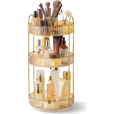 Cosmetic Organizer: 3-Tier Cosmetic and Perfume Holder, 360° Rotating, Organizer for Bathroom, Dressing Table, Beauty Care (Amber-A) (1/5)