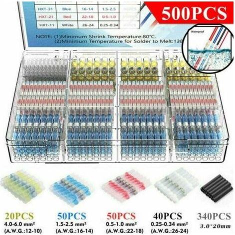 Packs of 500 pieces of heat shrink tubing, suitable for electric welding and heat shrink soldering of electrical connectors, waterproof, insulated, copper, suitable for marine industries (1/4)
