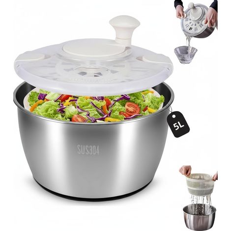Essoreuse à salade en acier inoxydable de 5L, Nettoyant pour Salade avec Couvercle, Base Antidérapante, Salad Spinner pour Laver et égoutter Les Salades, égoutter Les Pâtes (1/5)