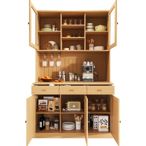 CHICFURN Buffet de cuisine haut 120x40x191 cm, vaisselier avec portes vitrées, tiroir, porte-verres, prises et ports USB, meuble de rangement bois clair (1/5)
