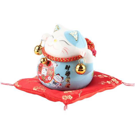 Tirelire Chat Porte-Bonheur 11,5cm Bleu Céramique Déco Bureau Mignon Exquis Pot à Monnaie Chance (1/5)