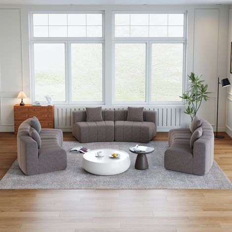 Canapé fixe droit en tissu chenille gris, conception modulaire et assise moelleuse (1/5)
