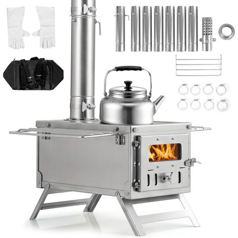 Réchaud de Camping Pliable en Inox avec 7 Conduits de Cheminée, Grilles Latérales et Pare-Étincelles pour Extérieur Intérieur (1/5)