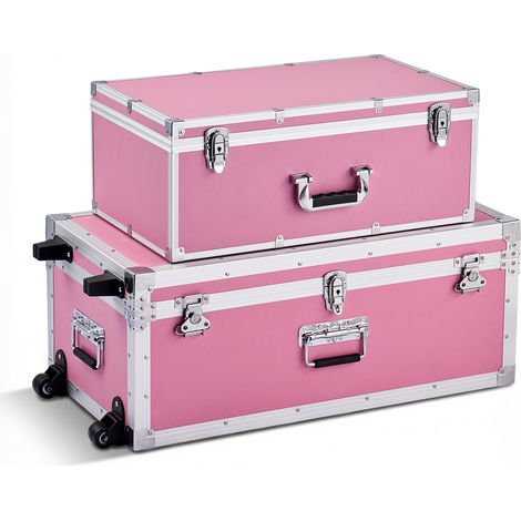 Mophorn 2 x Transportkoffer Aufbewahrungskoffer Abschließbar, Große Aufbewahrungskiste (763 x 392 x 312 mm) mit Rollen & 3 Metallgriffen, Transportbox mit Deckeln für Zuhause Rosa (1/5)