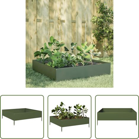 Gartengestaltung - Hochbeet Olivgrün 100x100x33,5 cm Stahl (1/5)