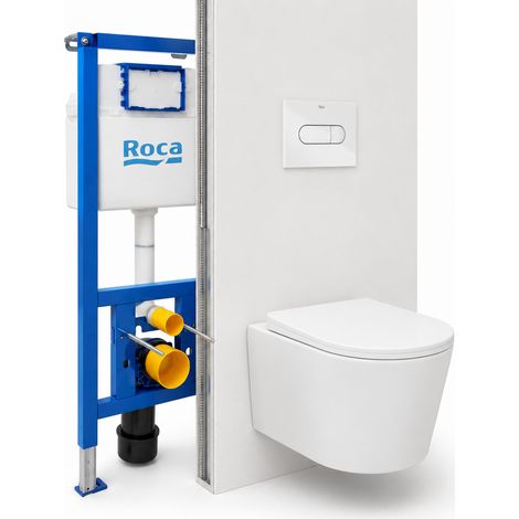 Pack WC suspendu complet avec bâti-support Roca, cuvette sans bride Vortex, abattant SoftClose et plaque blanche (1/5)
