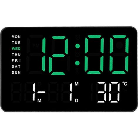 Horloge LED de 10,5 pouces avec grand écran, plusieurs options de couleur, fonction date, température et alarme convient aux étudiants et aux professionnels le voyant vert indique un écran noir. (1/5)