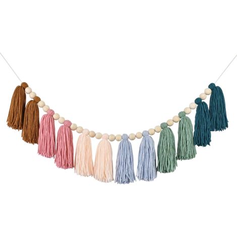 1 Guirlande pompon, perle bois, tons terre, arc-en-ciel, décoration chambre enfant (1/5)