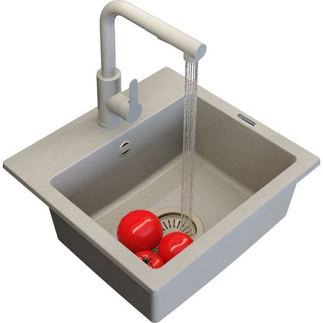 Évier en Granit Beige avec Robinet de Cuisine, Mitigeur, et Siphon 1 Bac - Teor (1/5)