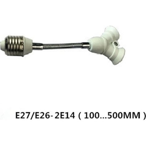Adaptateur universel E27 vers E14 (1 à 2 douilles) avec tuyau flexible et ruban ignifugé, homologué CE.