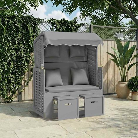 vidaXL Silla playa Strandkorb con cojines ratán sintético madera gris (1/5)
