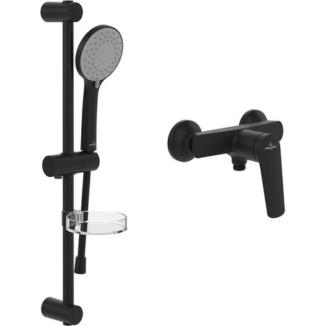 Villeroy & Boch Oasis Duschset Aufputz (2 in 1 Bundle), Duschsystem mit Duscharmatur, Handbrause, Handbrauseschlauch, Duschstange inkl. Handbrausehalter, Matt Black (1/5)