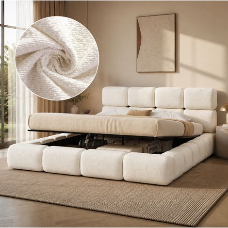 Cama doble 200x200 cm blanca en bouclé con arcón hidráulico y somier (1/5)
