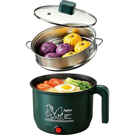 Casserole électrique 1,8 l, 220 V, 600 W, portable, anti-adhésif, multicuiseur rapide pour steak/nouilles/soupe/œuf/avoine/dortoir/vapeur/maison (vert) (1/5)