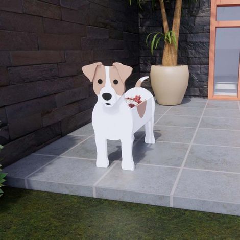 Niedlicher, hundeförmiger Blumentopf aus Holz, dekoriert für den Garten, mit Jack-Russell-Muster. (1/5)