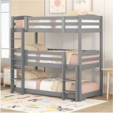 Lit superposé 3 places 90200cm, lit enfant superposé, lit simple triple en bois pour enfant, sans matelas, gris (1/5)