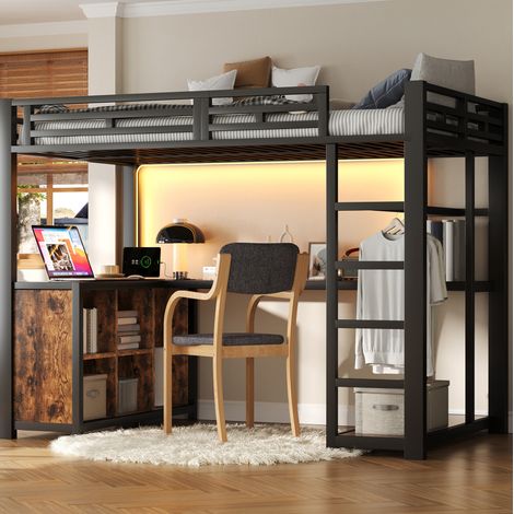 Cama altillo 140x200 cm - Con escritorio, LED y estación de carga - En metal y MDF - Negro (1/5)