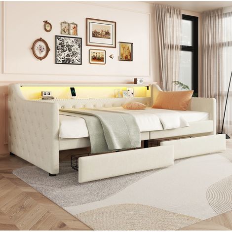 MEUBLIV Bett 90x200 cm Beige – Bettgestell mit LED, 2 Schubladen und USB, ohne Matratze (1/5)