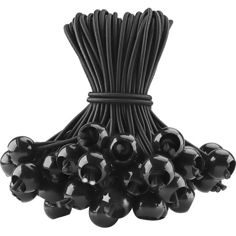 Tendeurs Élastiques à Boule - Lot de 50 - Caoutchouc et Polyester - Fixation Robuste pour Bâches et Tentes - Camping et Jardin - Noir 15 cm (1/5)