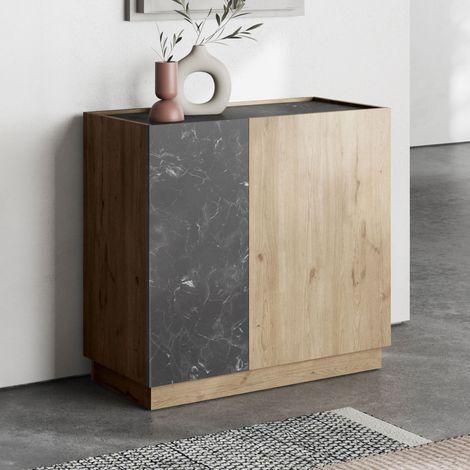Buffet 2 portes 80x42x78,5 cm effet marbre noir et chêne - LIKOU (1/5)