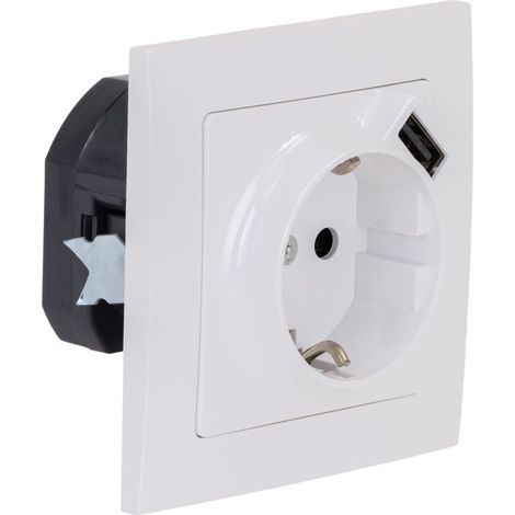Prise Schuko + USB A encastrés + plaque de finition Kalya - Blanc - (1/5)