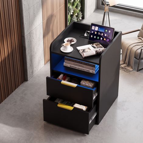 Table de chevet connectée 60x40x40 cm avec tiroir secret et prises de charge usb led - table de nuit scandinave moderne pour chambre - noir (1/5)