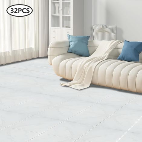 Lot de 32 dalles autocollantes en PVC - Revêtement de sol en vinyle imperméable - Marbre blanc - 30 x 30 cm - Pour salle de bain, cuisine, salon, chambre à coucher (1/5)