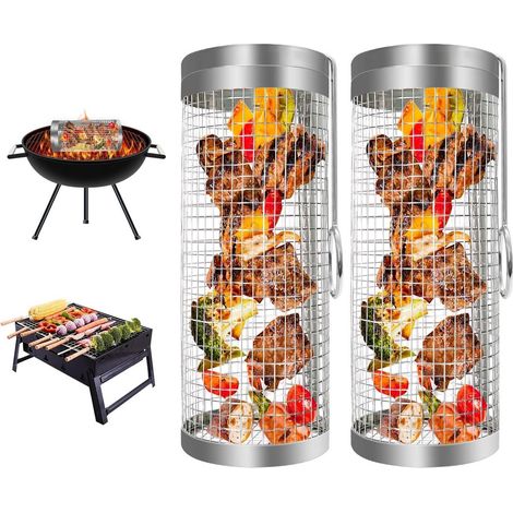 Accessoires pour barbecue - Panier à griller à roulettes - 2 pièces - Panier à griller cylindrique - Acier inoxydable (1/5)