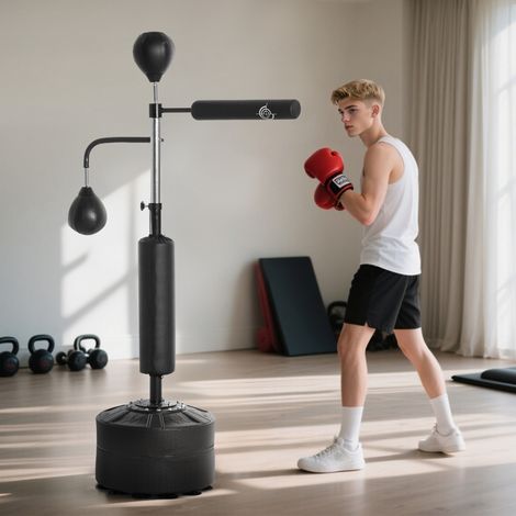 Sac de frappe 4-en-1 au sol avec 2 balles de vitesse - hauteur réglable de 160 à 230 cm - barre pivotante réflexe et sac de boxe - noir