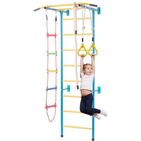 Sprossenwand Turnwand Klettergerüst für Kinder (ab 3 Jahren), 5-in-1-Set mit schwedischer Leiter aus Karbonstahl, Klimmzugstange & Strickleiter & Turnringen 100 kg belastbar mehrfarbig (1/5)