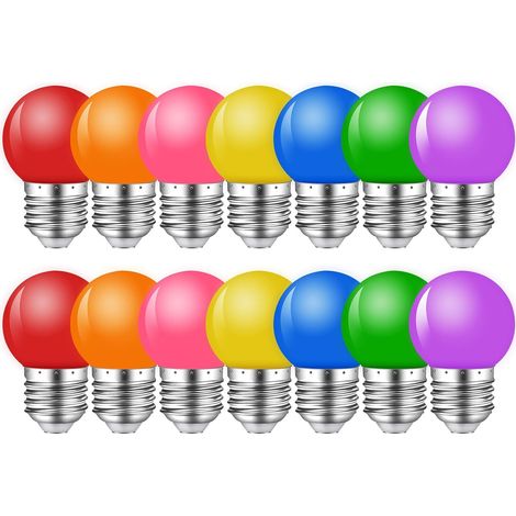 Pack of 14 E27 2W LED Light Bulbs, Outdoor String Light Bulbs, E27 LED G45 Bulbs, Multi-Coloured, 10W Equivalent, Red, Yellow, Blue, Green, Orange, Pink Purple, for Chain, Christmas, Night (1/5)