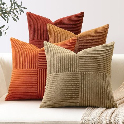 Lot de 4 Housse de Coussin 40x40 cm en Velours Côtelé, Housse Coussins Bohème Patchwork à Rayures Croisées Doux Taies d'oreiller Décoratives pour Lit Canapé Chambre Salon, Marron Rouille (1/5)