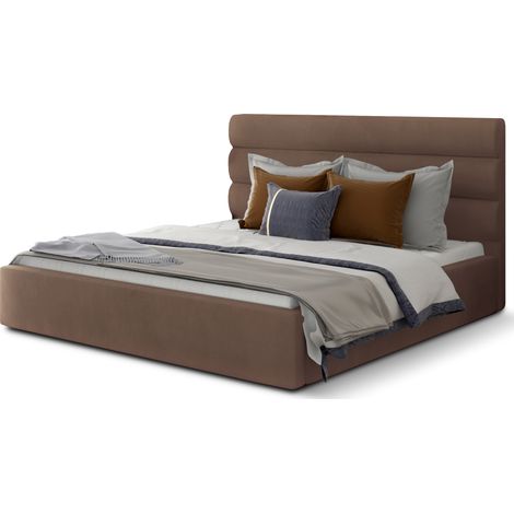 Lit adulte avec coffre de rangement Klarina - Velours rembourré-Marron clair-160x200 (1/5)