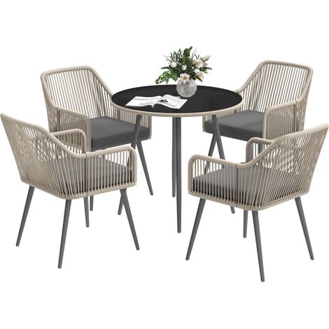 Salon de jardin extérieur en résine tressée 4 places - coussins et table ronde en verre, pour terrasse, jardin, marron
