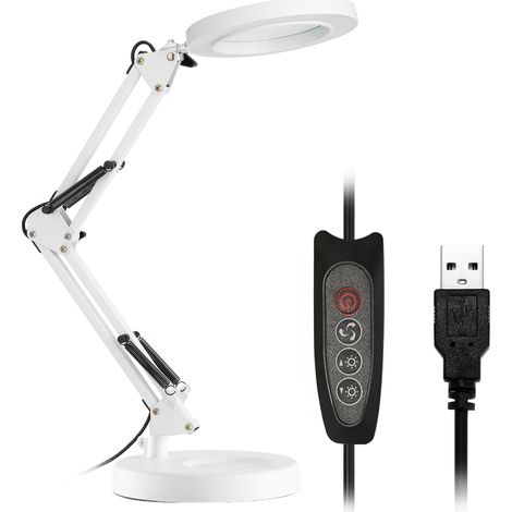 Lámpara de escritorio con aumento de 5x, iluminación LED, plegable, con tres niveles de brillo y alimentación por USB. (1/5)