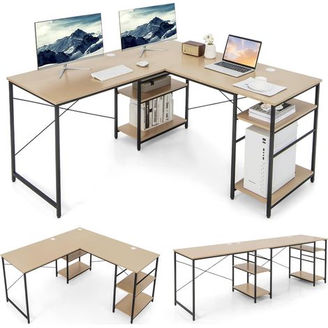 Costway – Bureau d'angle convertible 151 cm – 4 étagères amovibles – Charge 180 kg – 3 trous de gestion des câbles – Bois d'ingénierie naturel (1/5)