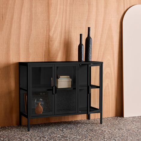 Buffet industriel métal et verre trempé 3 portes 100cm noir - Arkansas