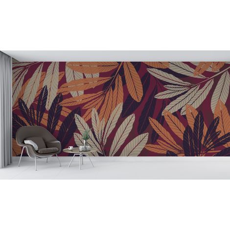 Papier peint nature - grand feuillage exotique marron et beige - 150 x 250 cm (1/2)